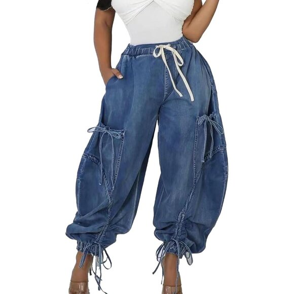 Denim - Women's Baggy Y2K Cargo Jeans Elastic Waist Bow Knot Drawstring Denim
